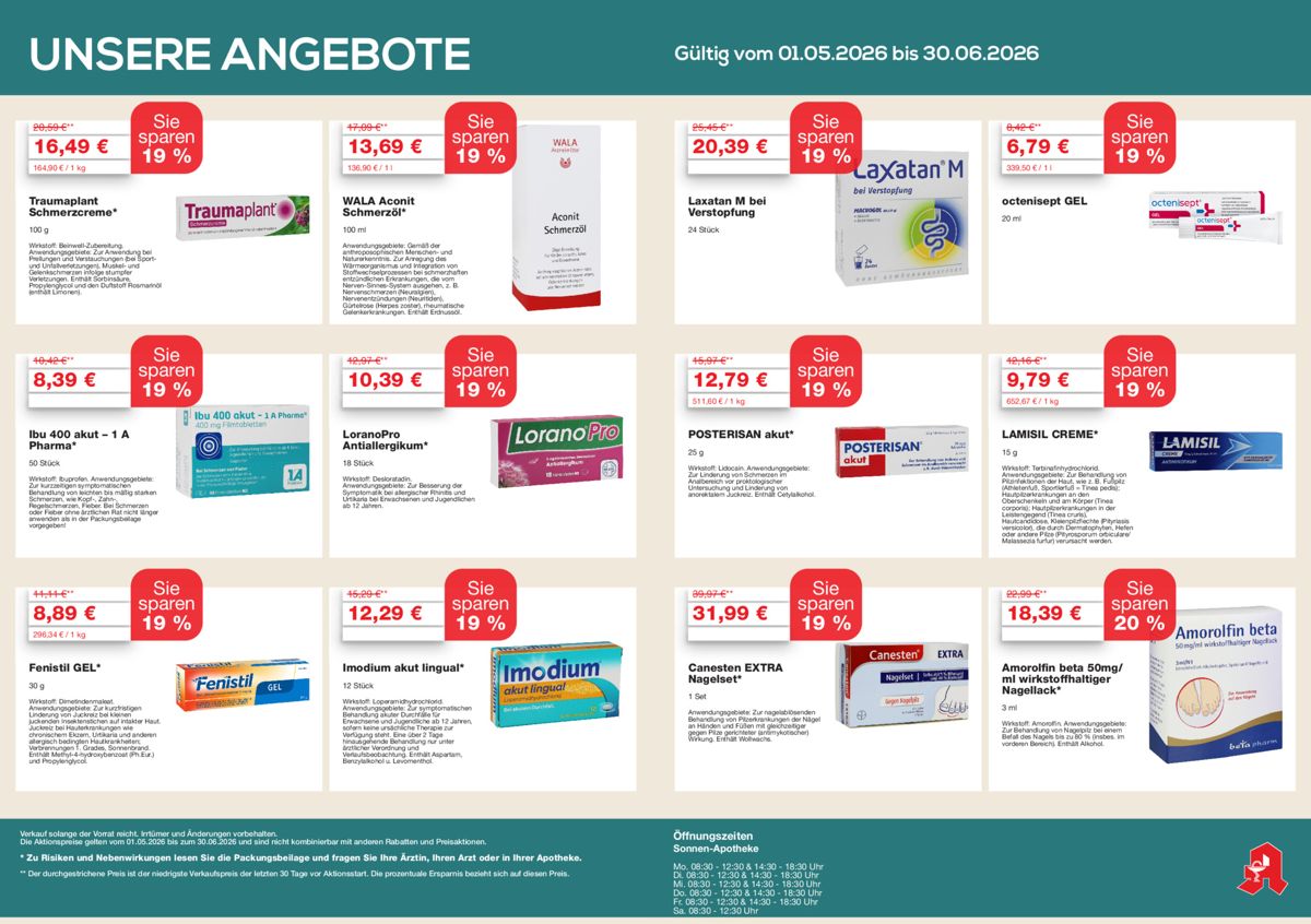 Angebotsübersicht der Sonnen-Apotheke Gärtringen mit Winter-Aktionspreisen für Erkältungsmedikamente, Rabatt-Gutscheinen sowie QR-Code zur Online-Vorbestellung über die Apotheke